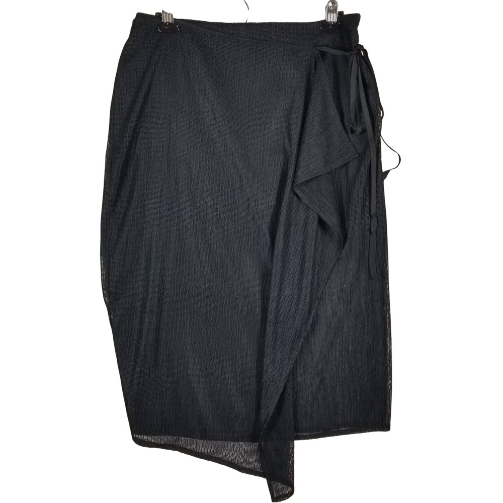 Express Womens Black Textured Mesh Wrap Midi Skirt Asymmetrical Hem Size 10
